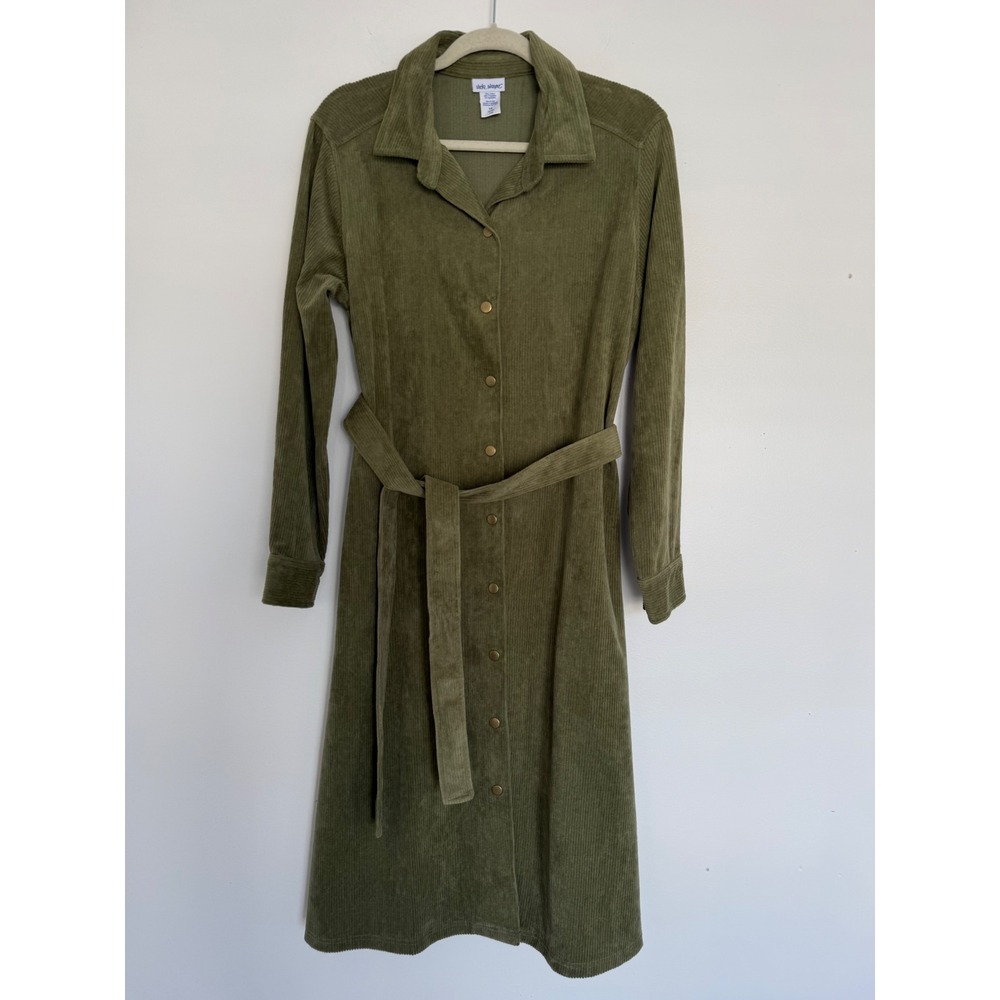 Vicki‎ Wayne Corduroy A-Line Shirt Dress Green 14 Snap Buttons Long Sleeve